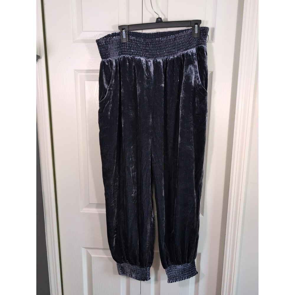 Anthropologie Gloria Blue Crushed Velvet Jogger Pants Smocked Harem XL
